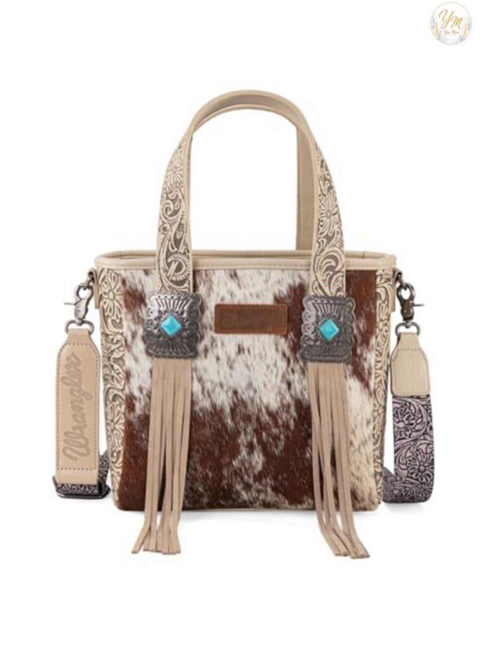 Western Tote Bag Genuine Hair-On Cowhide Leather with Turquoise Concho